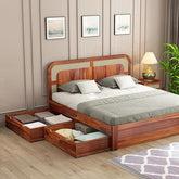ONIJA Solid Sheesham Wood King Size Bed with Drawer Storage Wooden Double Bed Palang Bed for Bedroom Living Room Furniture - HONEY FINISH